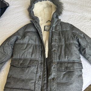 Gray Hooded Winter Jacket with Faux Fur Trim
